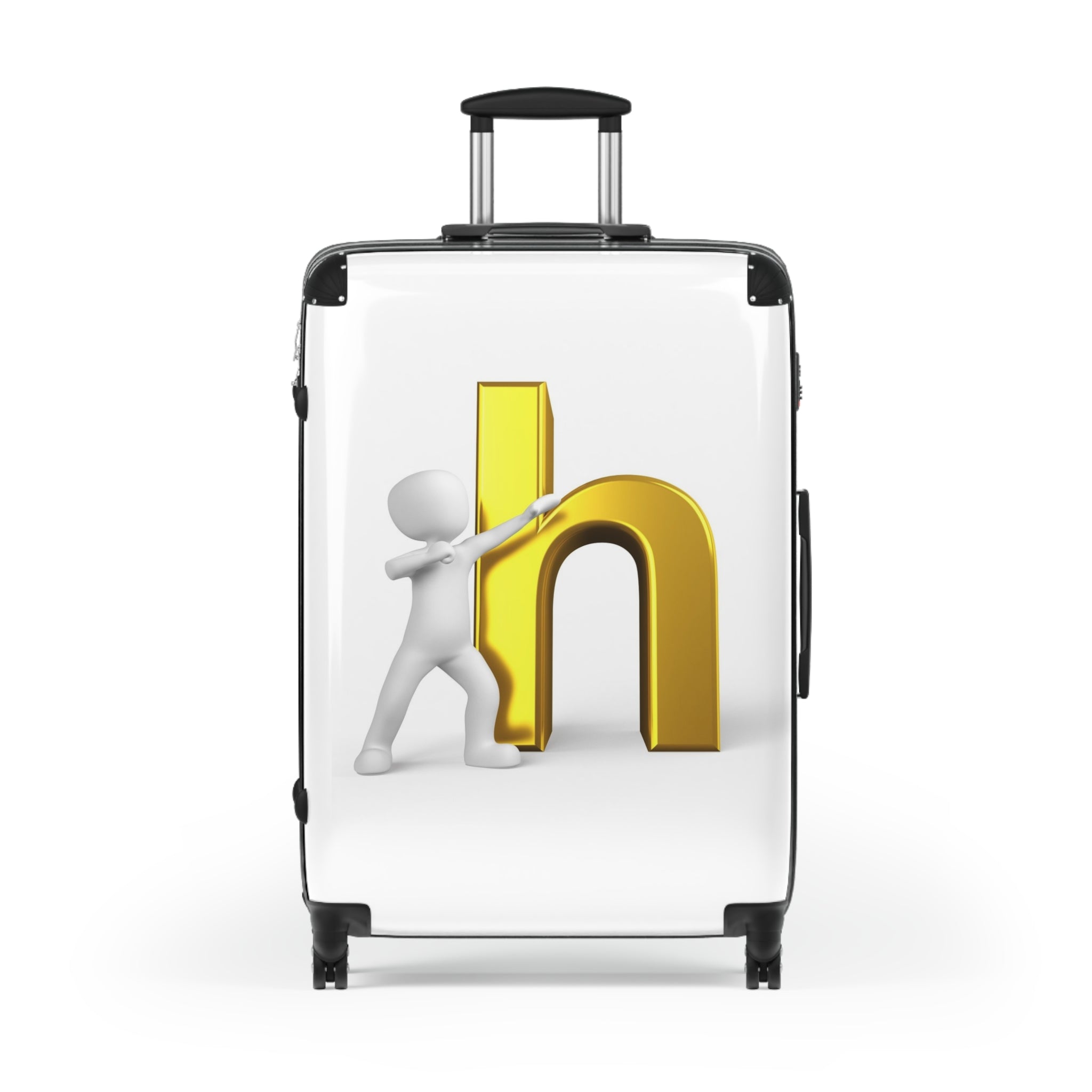 Valise 3D d'une personne debout à côté d'une valise avec la lettre H dorée | Valise personnalisée