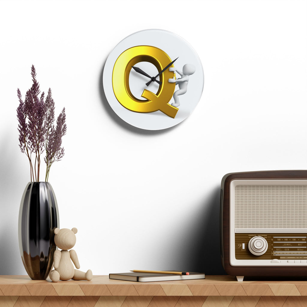 Gold Letter Q with Climbing Figure Acrylic Wall Clock | Initial Monogram Decor