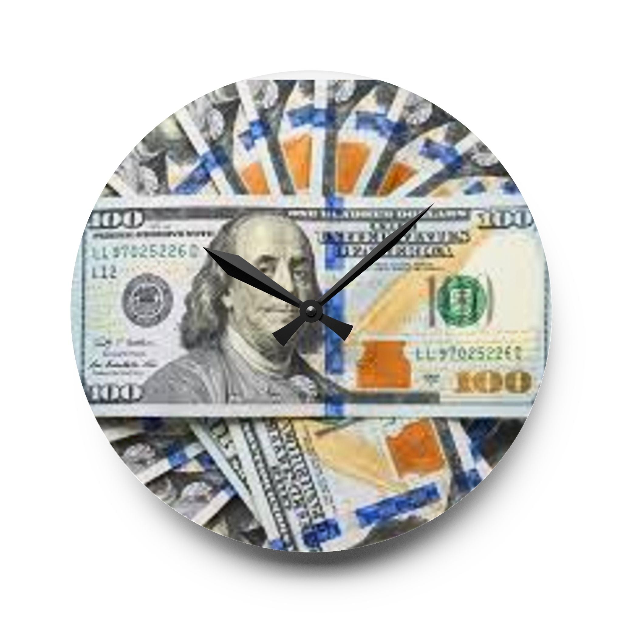 Horloge murale en acrylique billets de cent dollars | Horloge murale pile de billets