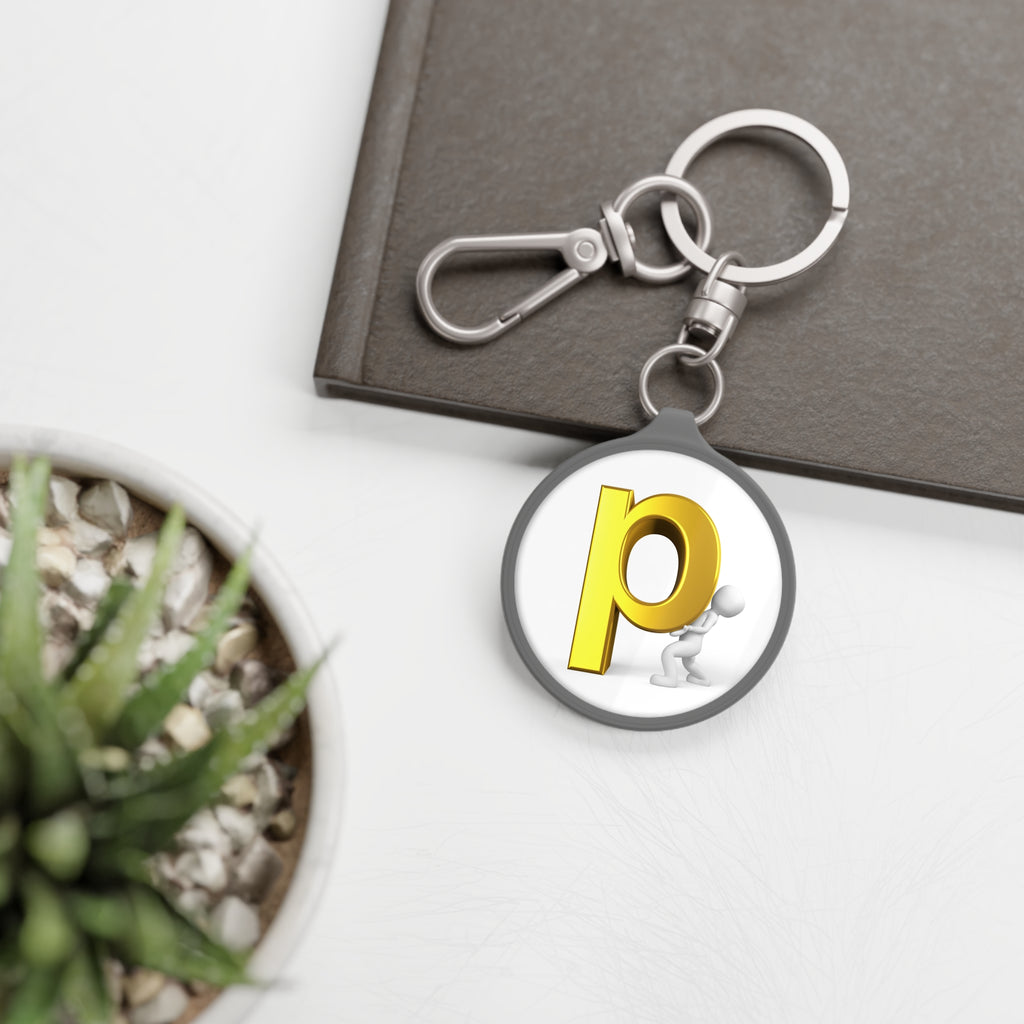 Gold Letter P with Figure Keyring Tag | Round Keychain