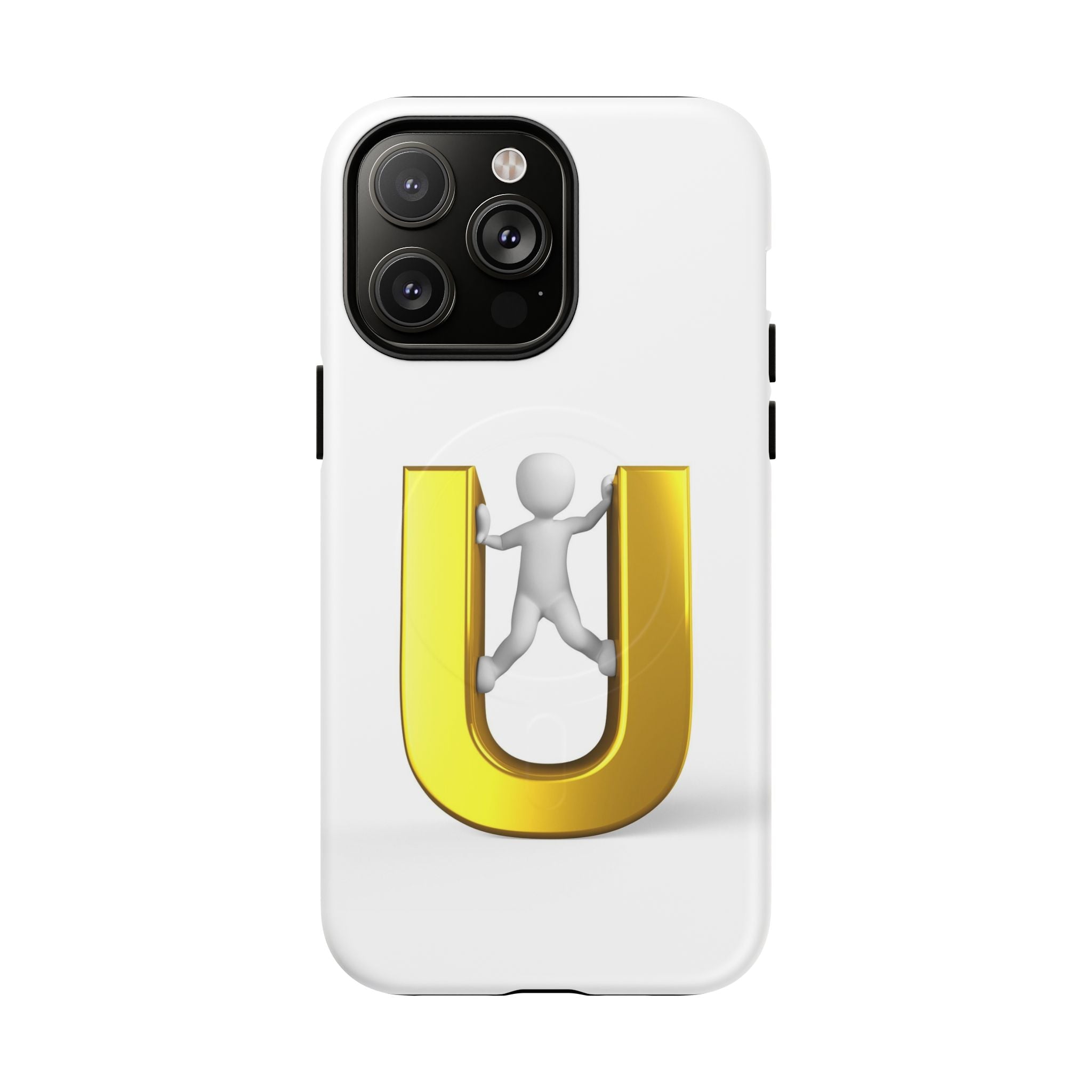 Coque de téléphone en 3D Dorée Lettre U avec Bonhomme Allumette | Coque Magnétique Robuste