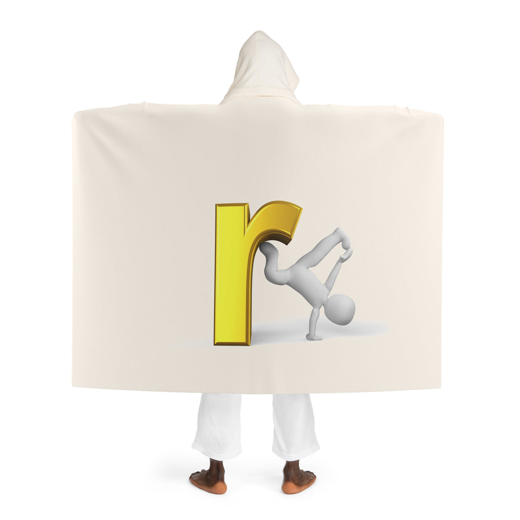Cream Hooded Sherpa Fleece Blanket | Cozy Gold Letter R With Figure