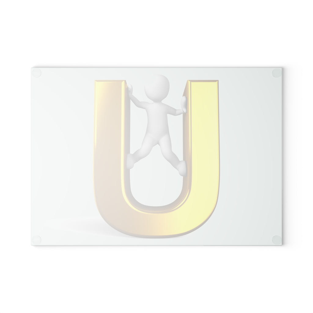 3D Figure Climbing Gold Letter U Glass Cutting Board | Monogram Initial Kitchen Decor