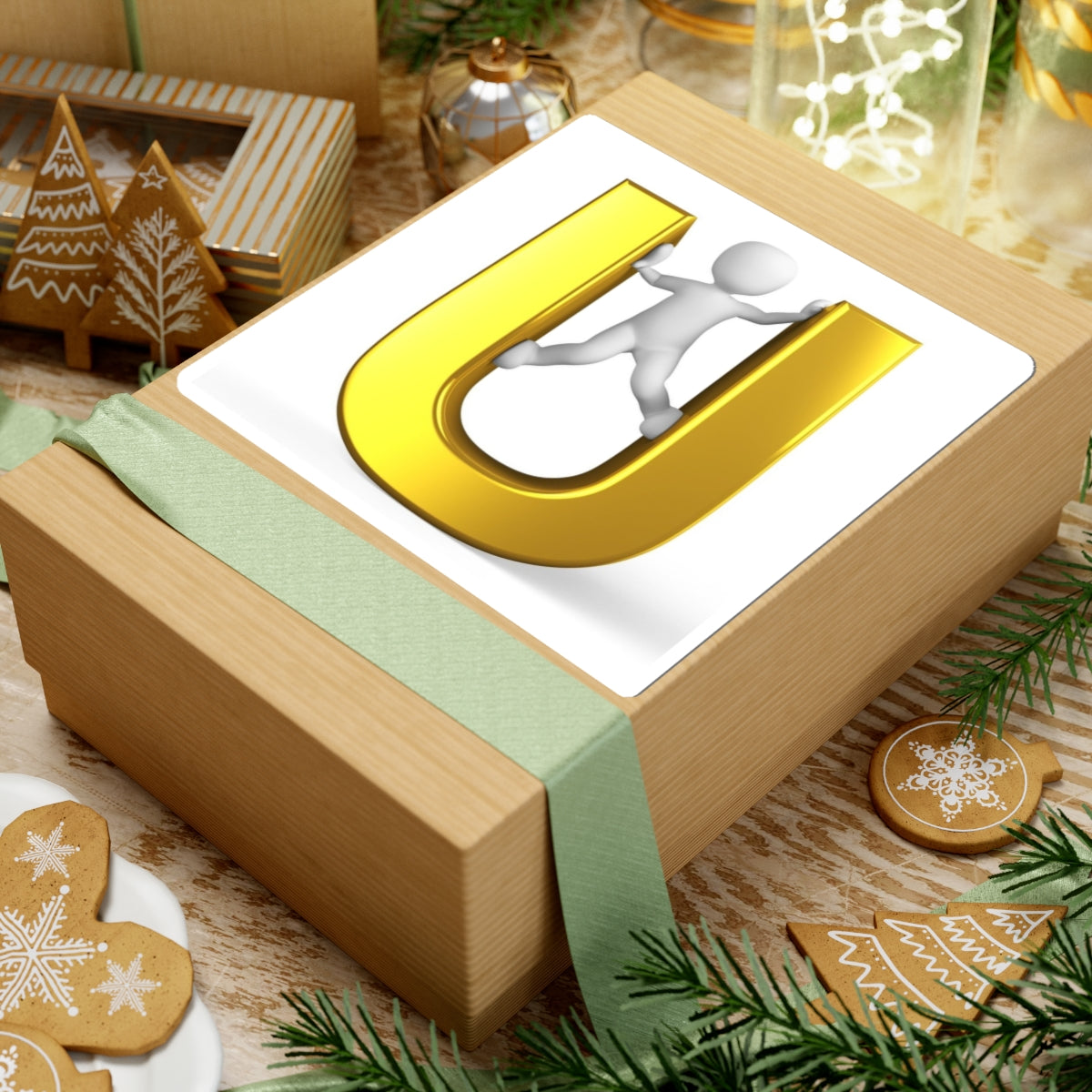 3D Gold Letter U with Climbing Figure Sticker | Kiss-Cut Sticker