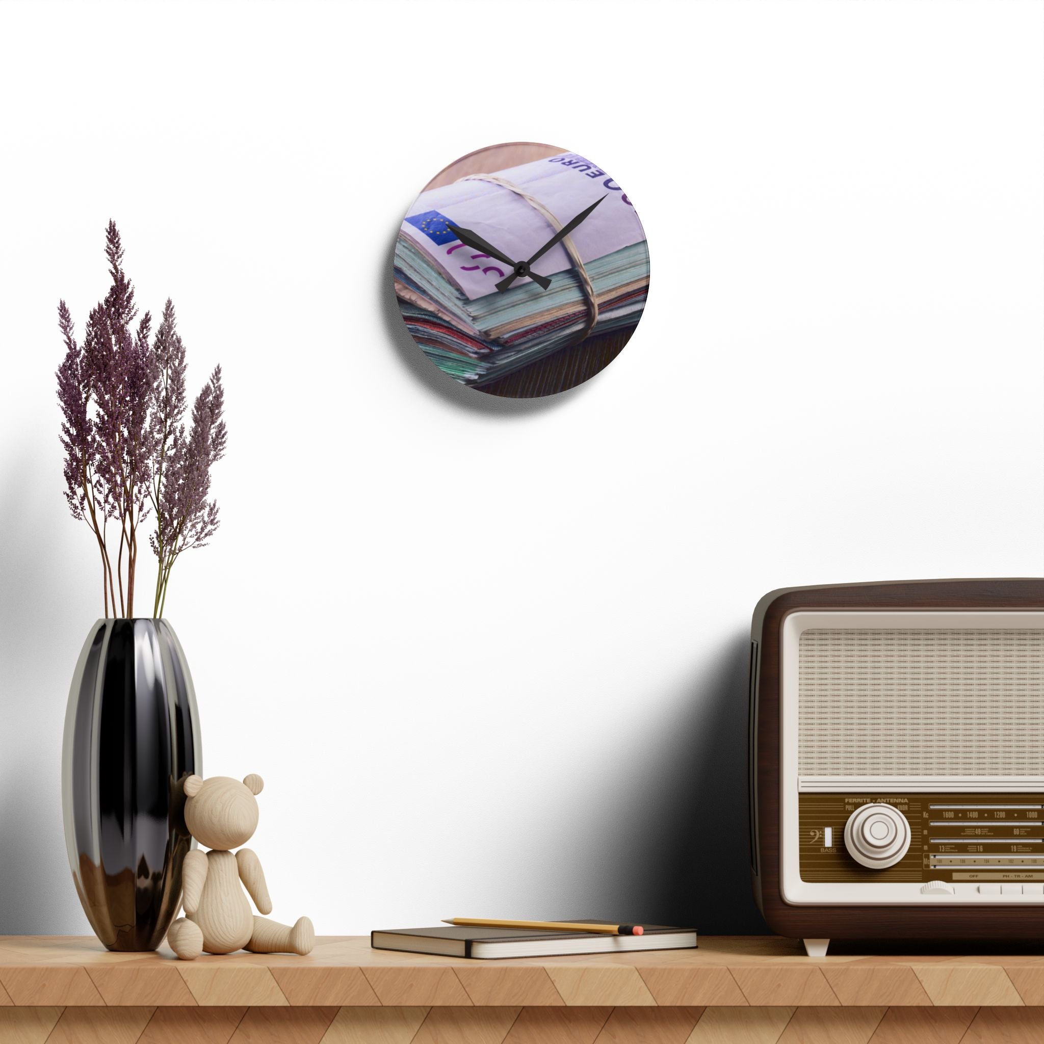 Stacked Currency Illustration Acrylic Wall Clock | Money Notes Design