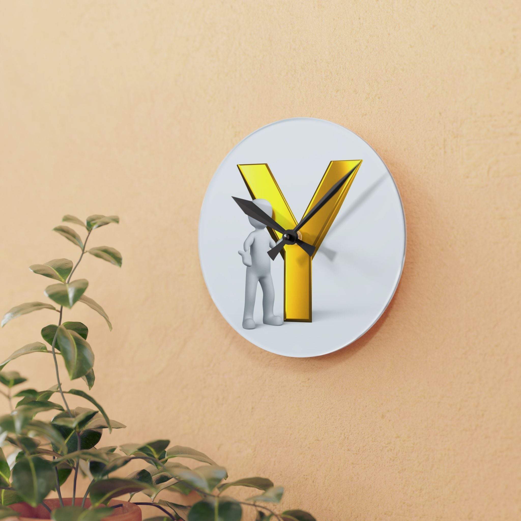 Yellow Gold Letter Y with 3D Figure Acrylic Wall Clock | Monogram Initial Decor
