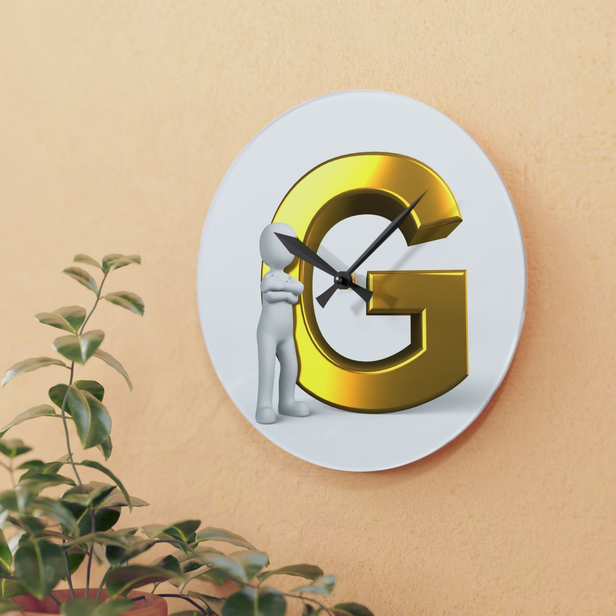 Gold Letter G monogram Acrylic Wall Clock | Initial decor, modern round clock