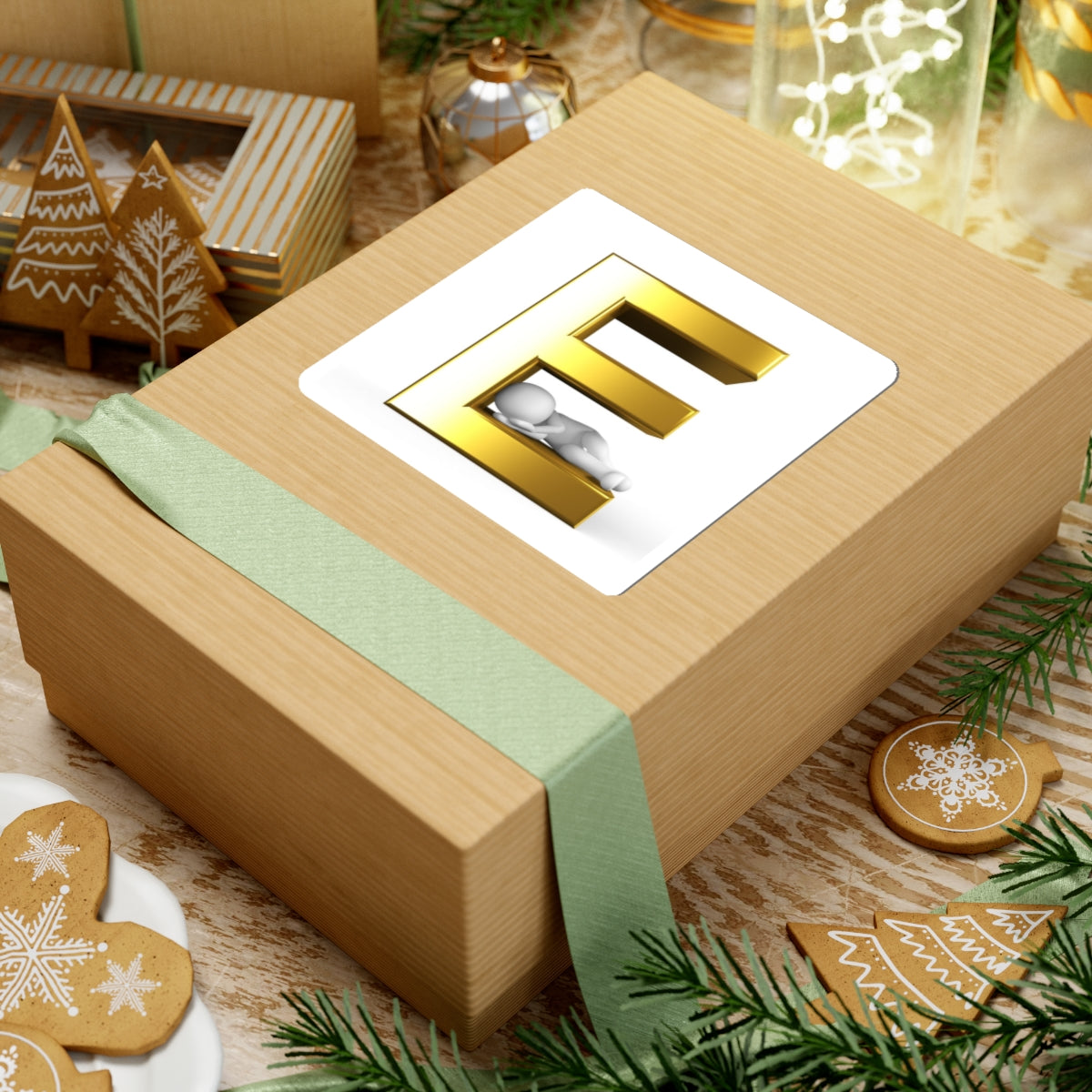 Gold 3D Letter E with Sleeping Figure Sticker