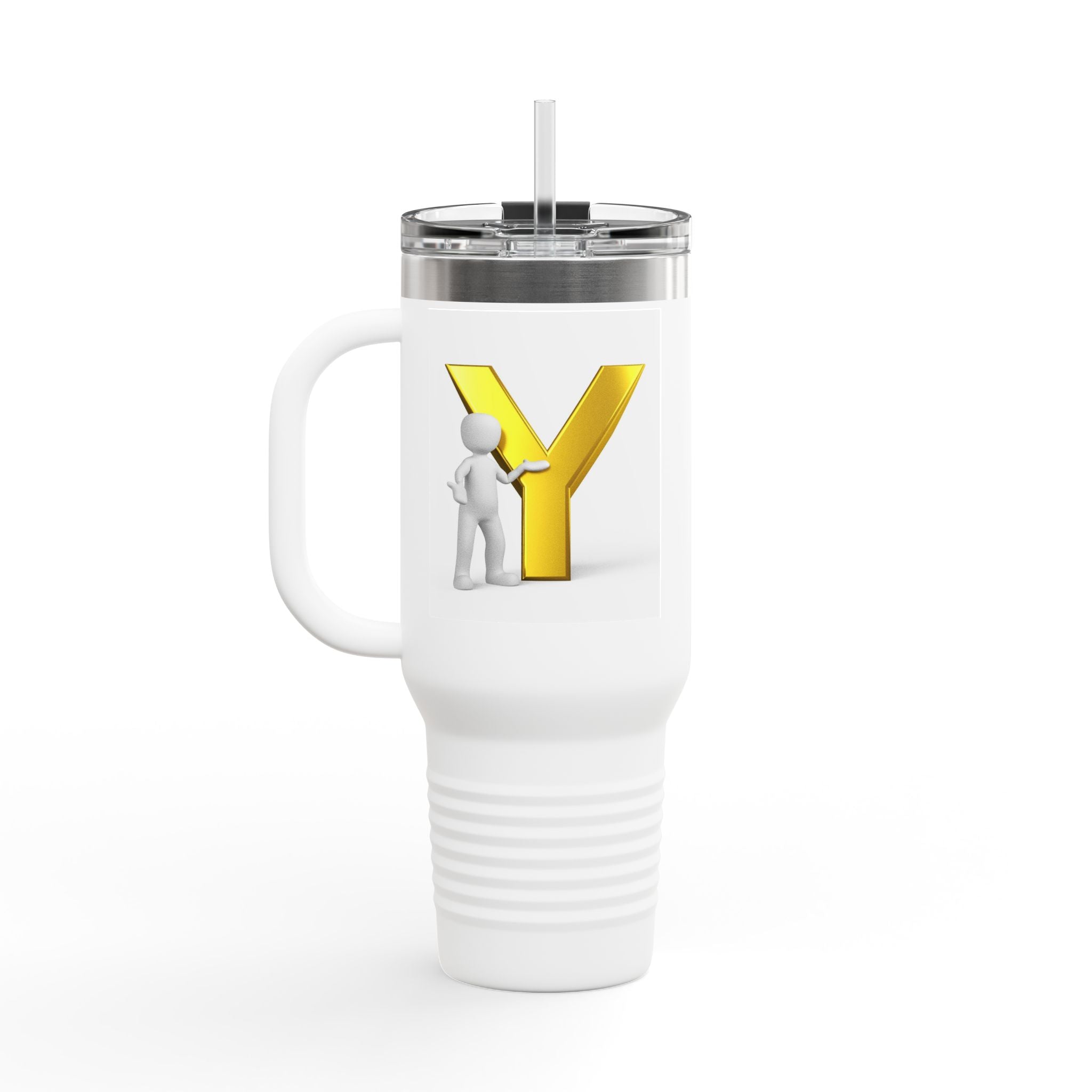 Yellow 3D Letter Y with Figure Travel Mug