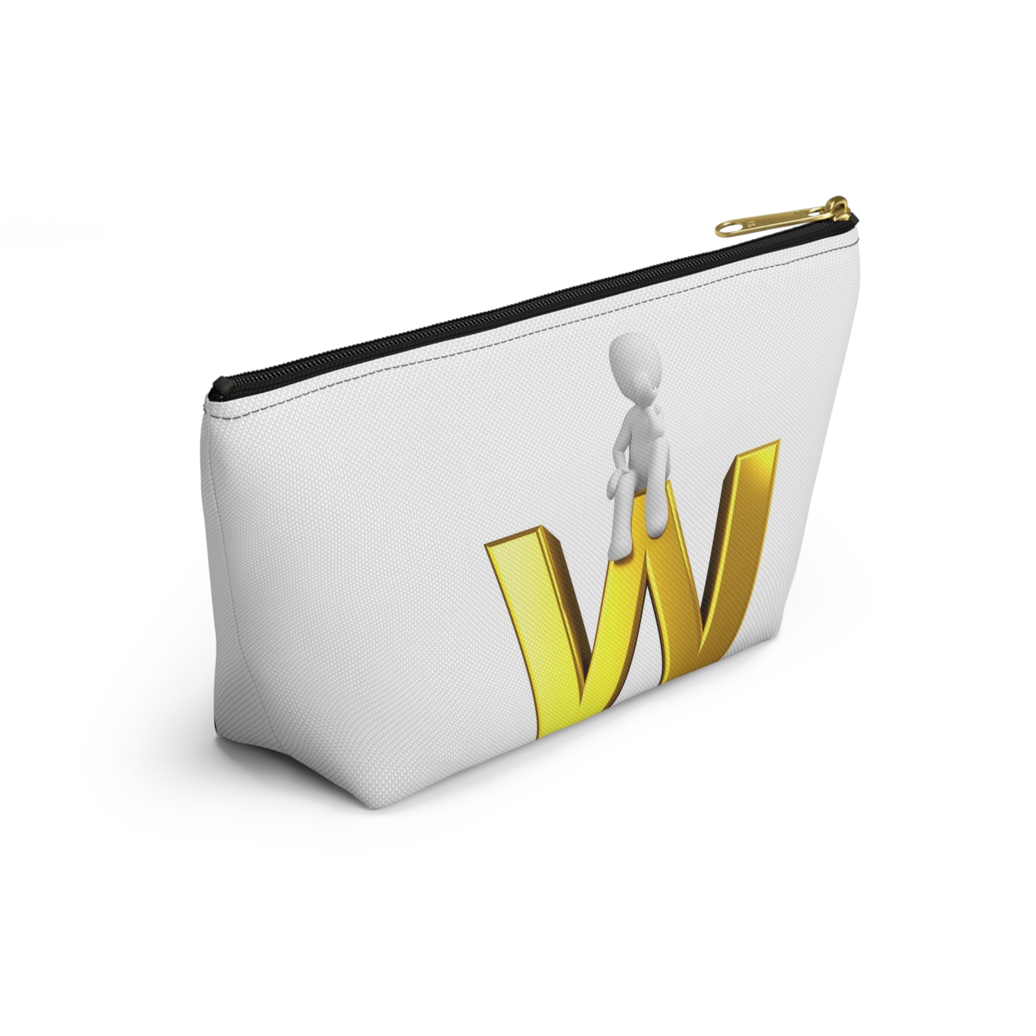 Gold Letter W with Sitting Figure Accessory Pouch | Initial Makeup Bag