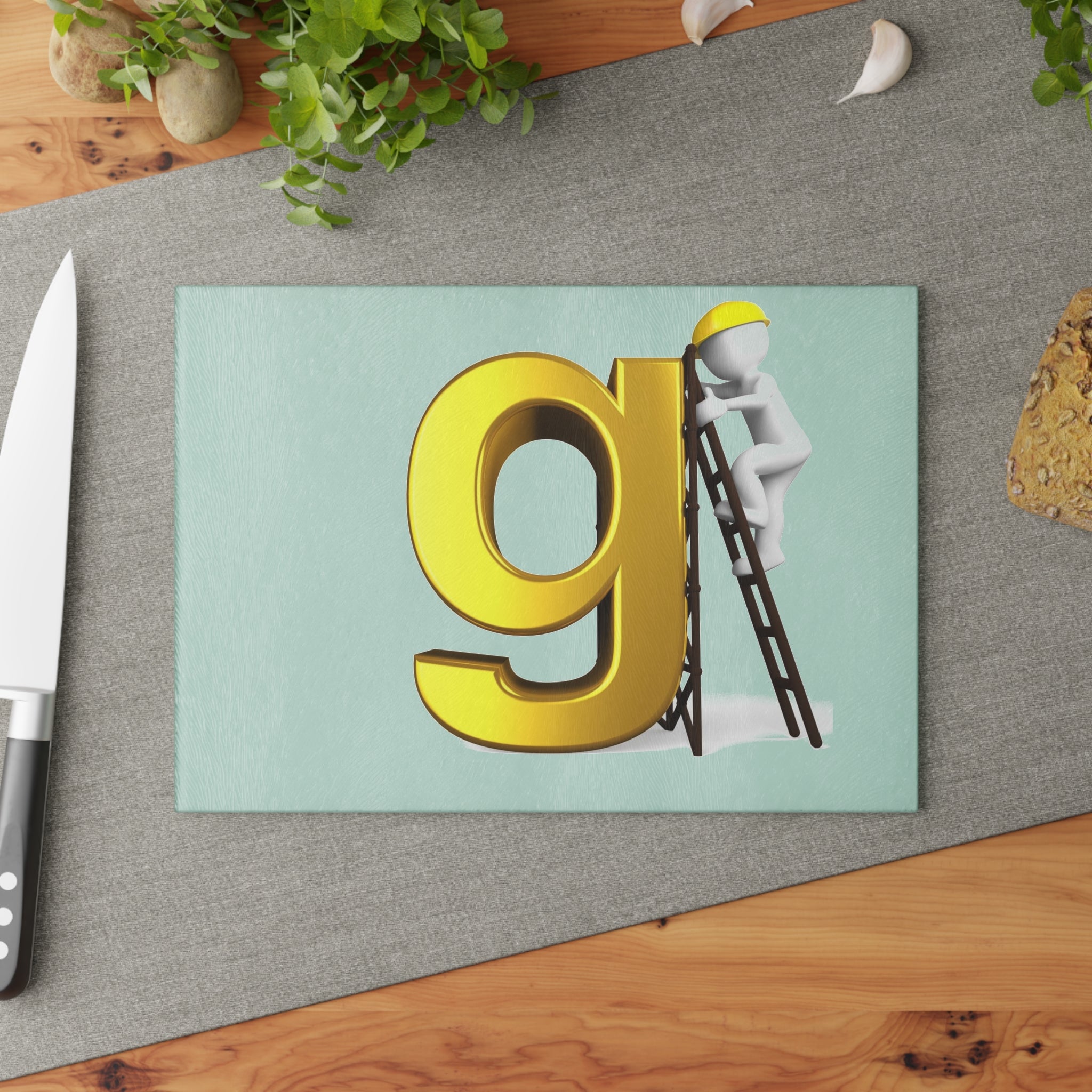 Golden Letter G with Worker Glass Cutting Board | Alphabet Kitchen Decor