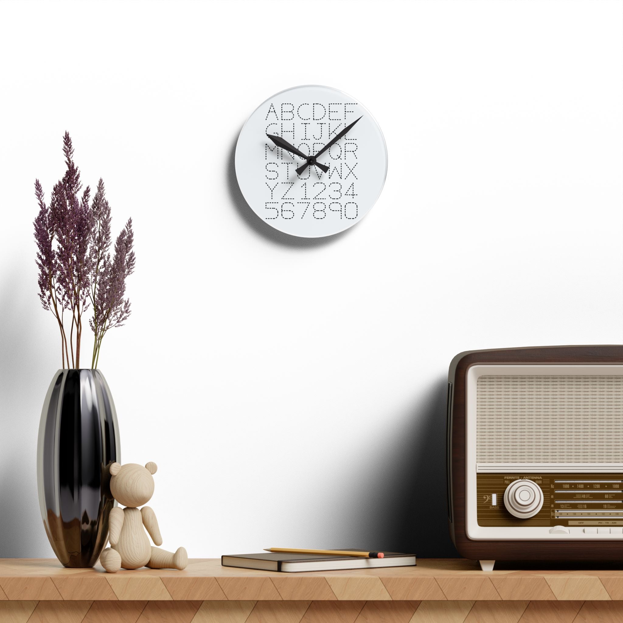 Alphabet and Numbers Dot Grid Acrylic Wall Clock | Modern Typography Home Decor
