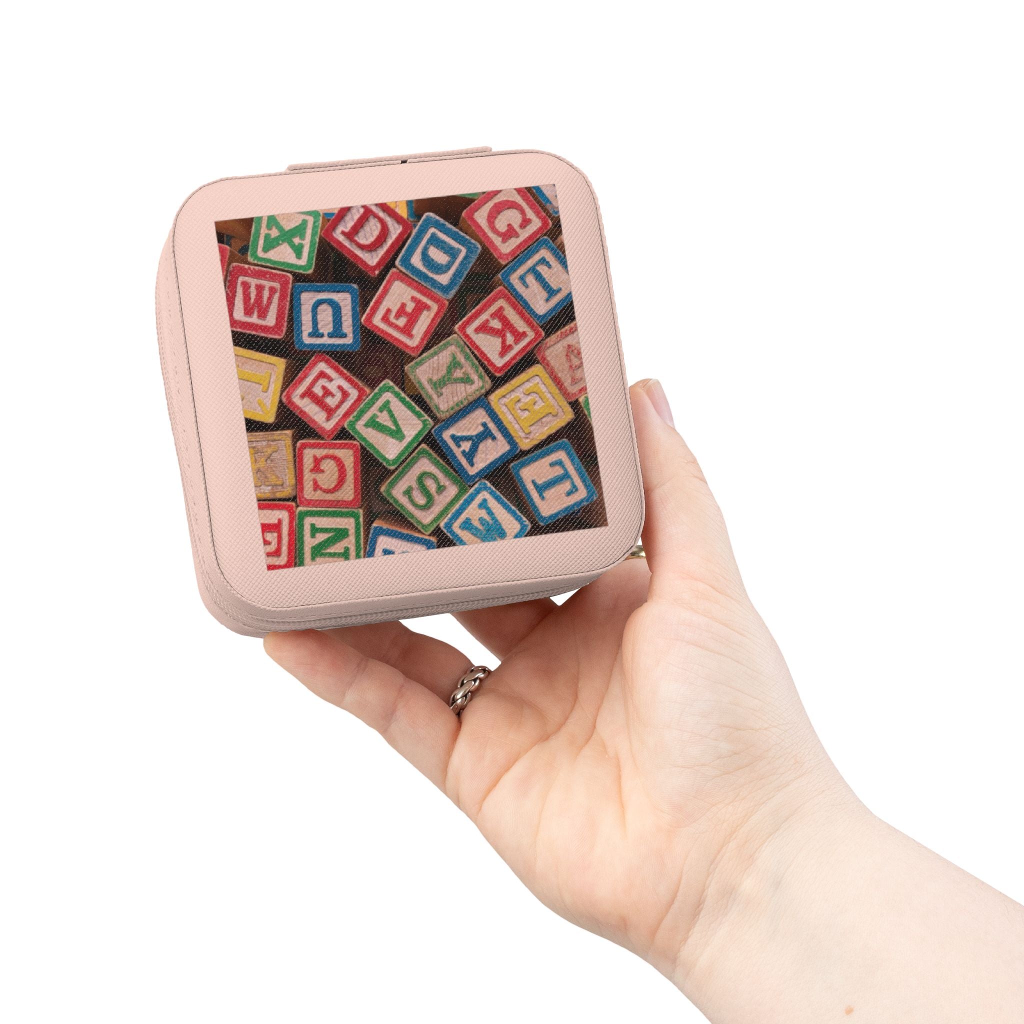 Boîte à bijoux de voyage Alphabet Baby Blocks | Organisateur compact pour bagues et boucles d'oreilles