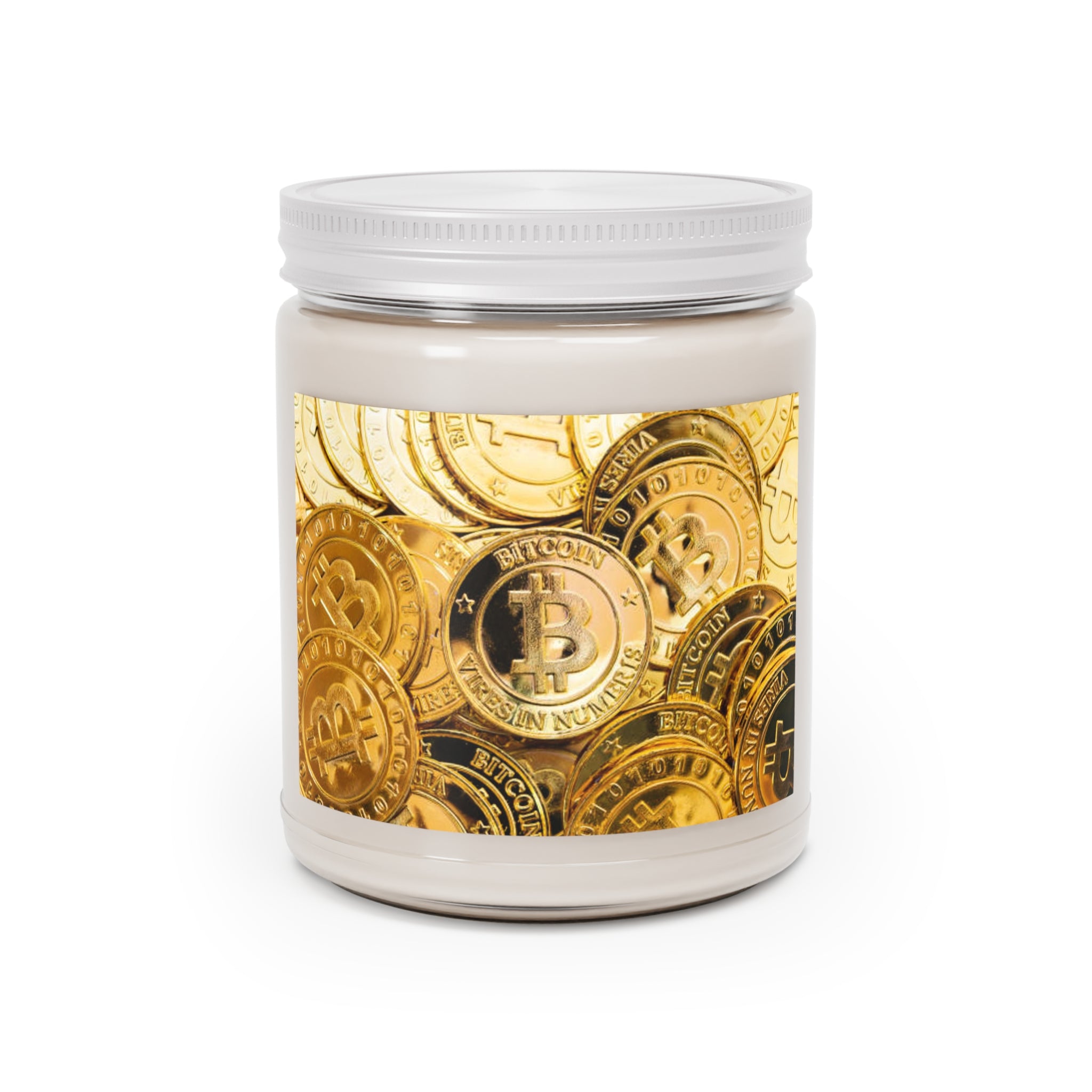Bougie en jarre à motif de pièce Bitcoin | Bougie de soja