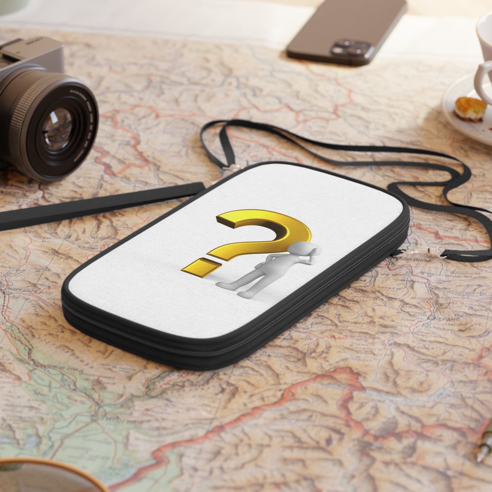 Gold Question Mark with Thinking Figure Passport Wallet | Travel ID Organizer