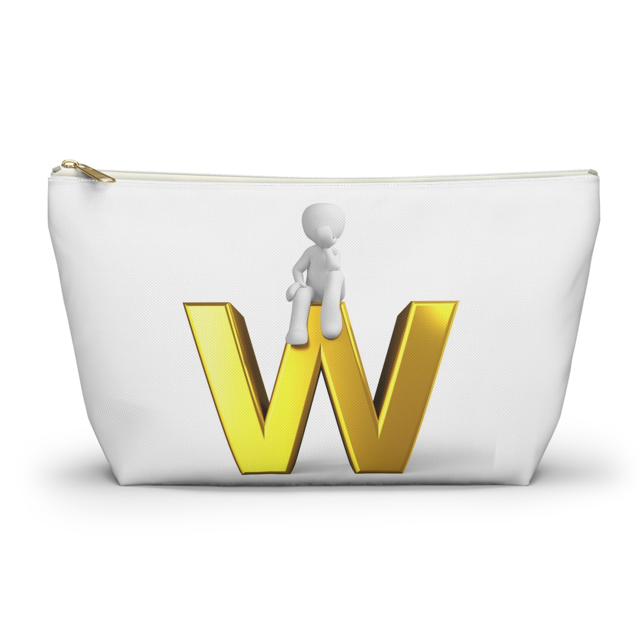 Gold Letter W with Sitting Figure Accessory Pouch | Initial Makeup Bag