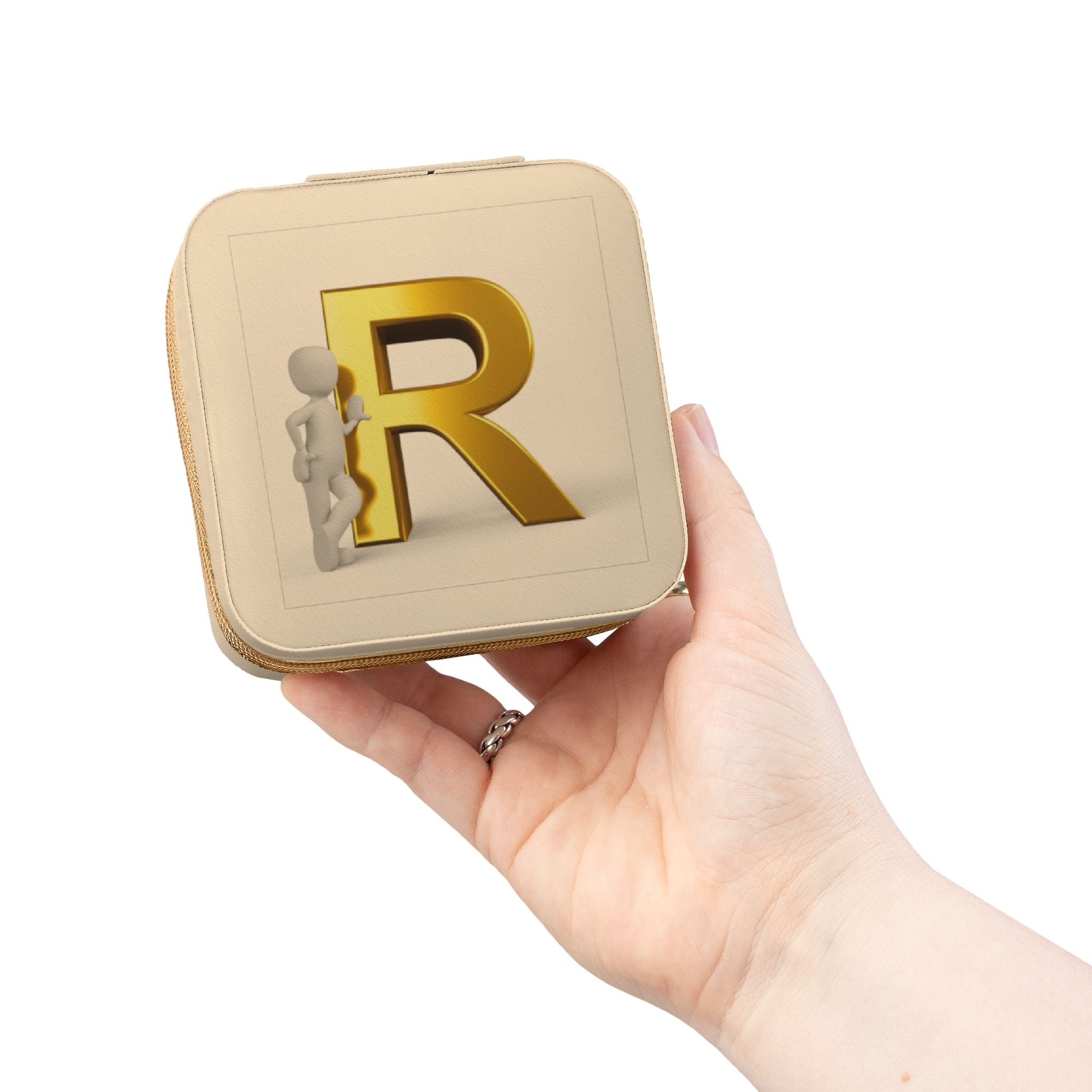 Étui de voyage compact rose pour bijoux | Monogramme initial R doré