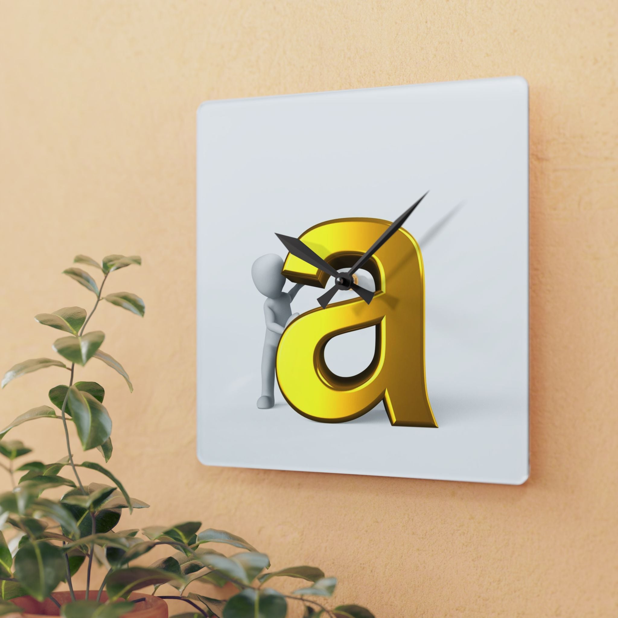 3D Gold Letter A with Character Acrylic Wall Clock | Modern Alphabet Decor