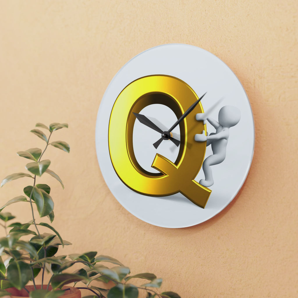 Gold Letter Q with Climbing Figure Acrylic Wall Clock | Initial Monogram Decor