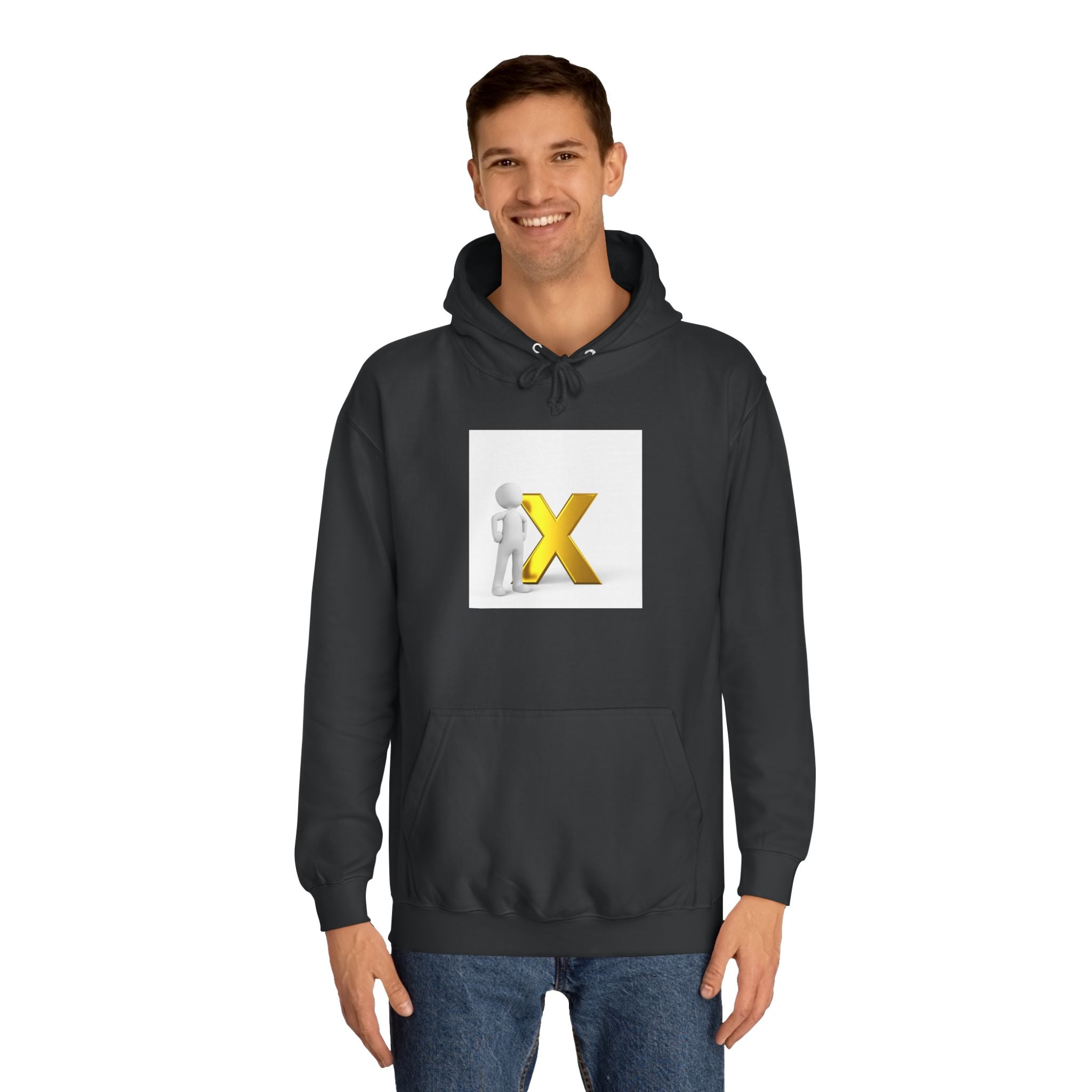 3D Figure Leaning on Gold X Hoodie | Letter X Initial Pullover