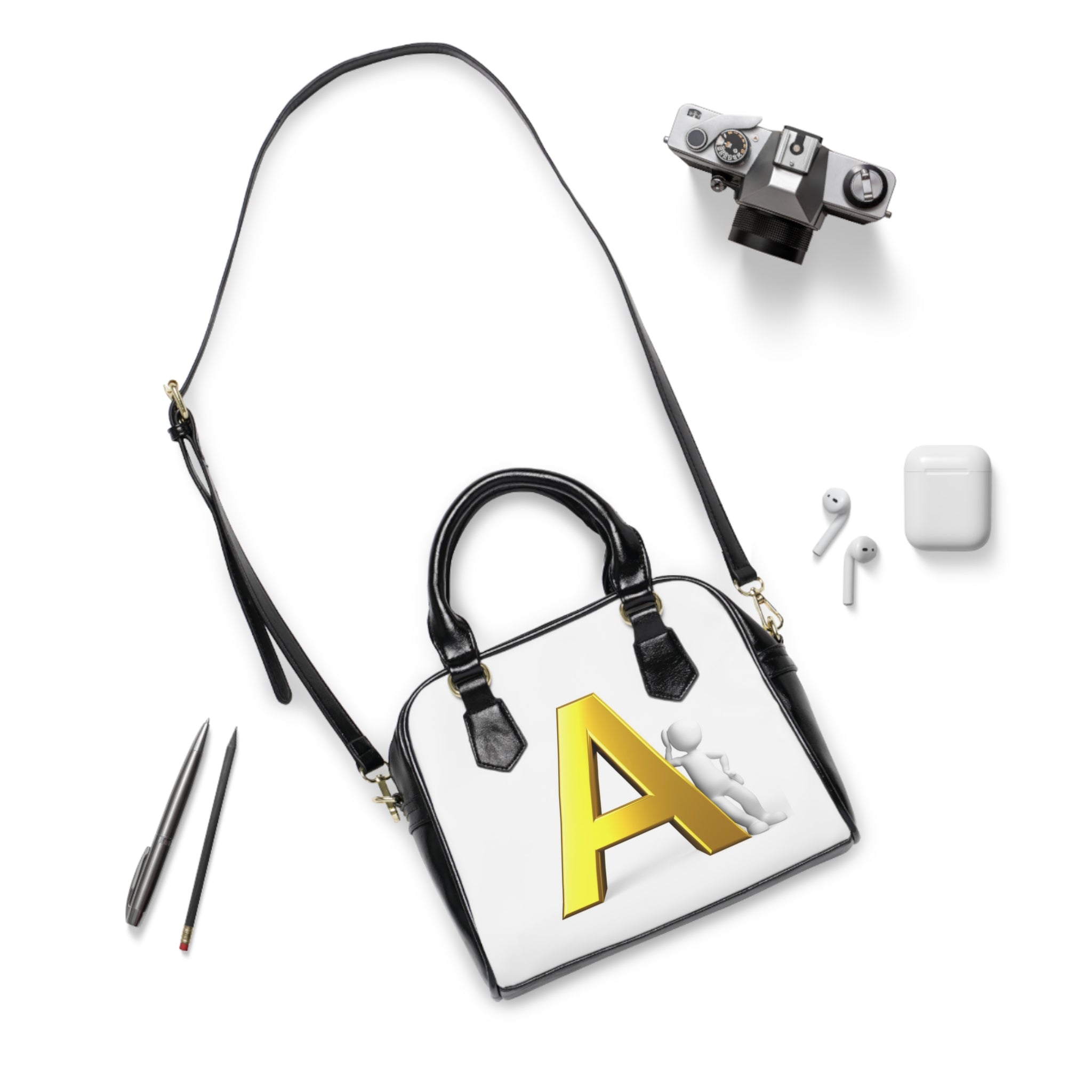 Gold Letter A Monogram Shoulder Handbag | Initial Purse, White Black Trim
