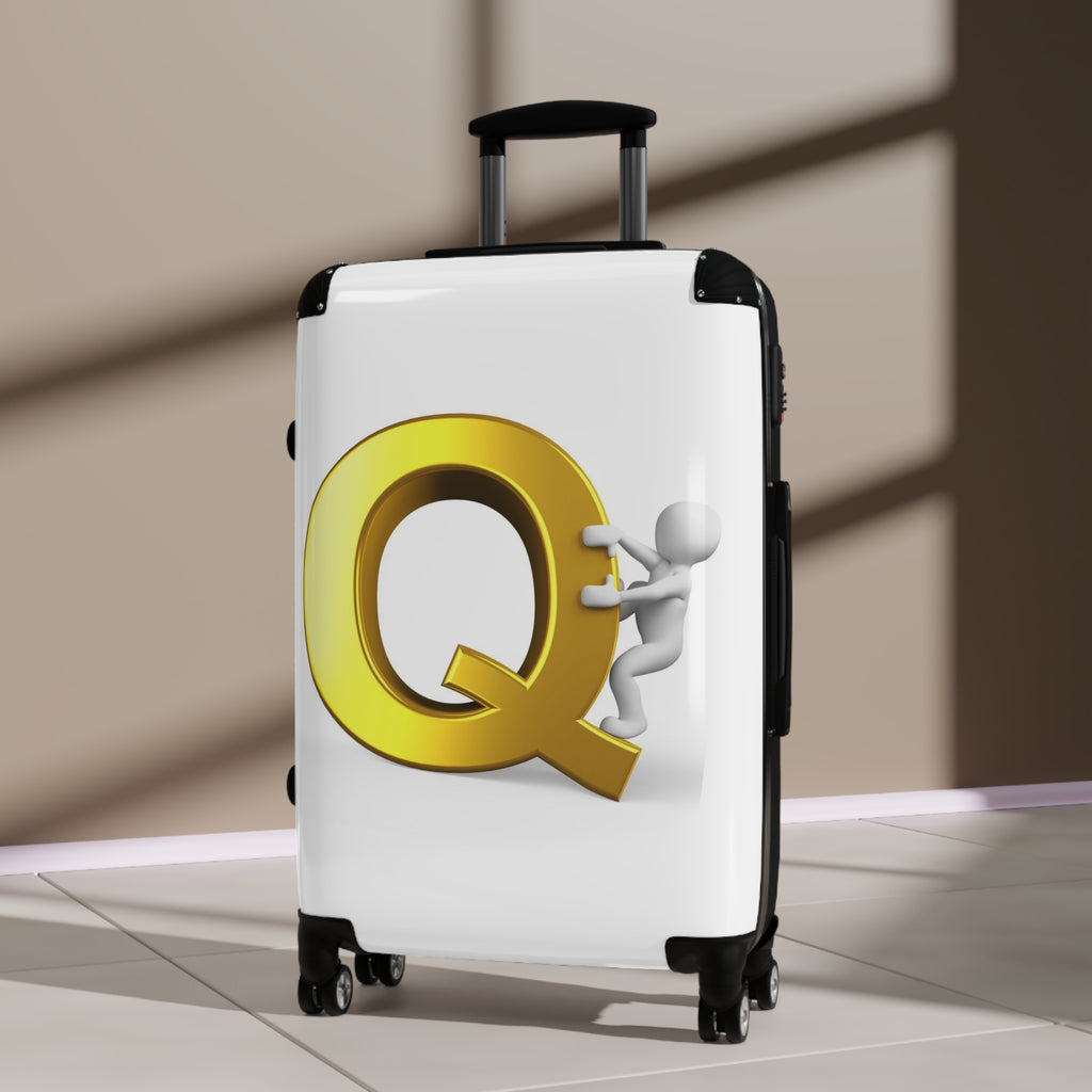 Gold Letter Q with Climbing Figure Suitcase | Monogram Initial Luggage
