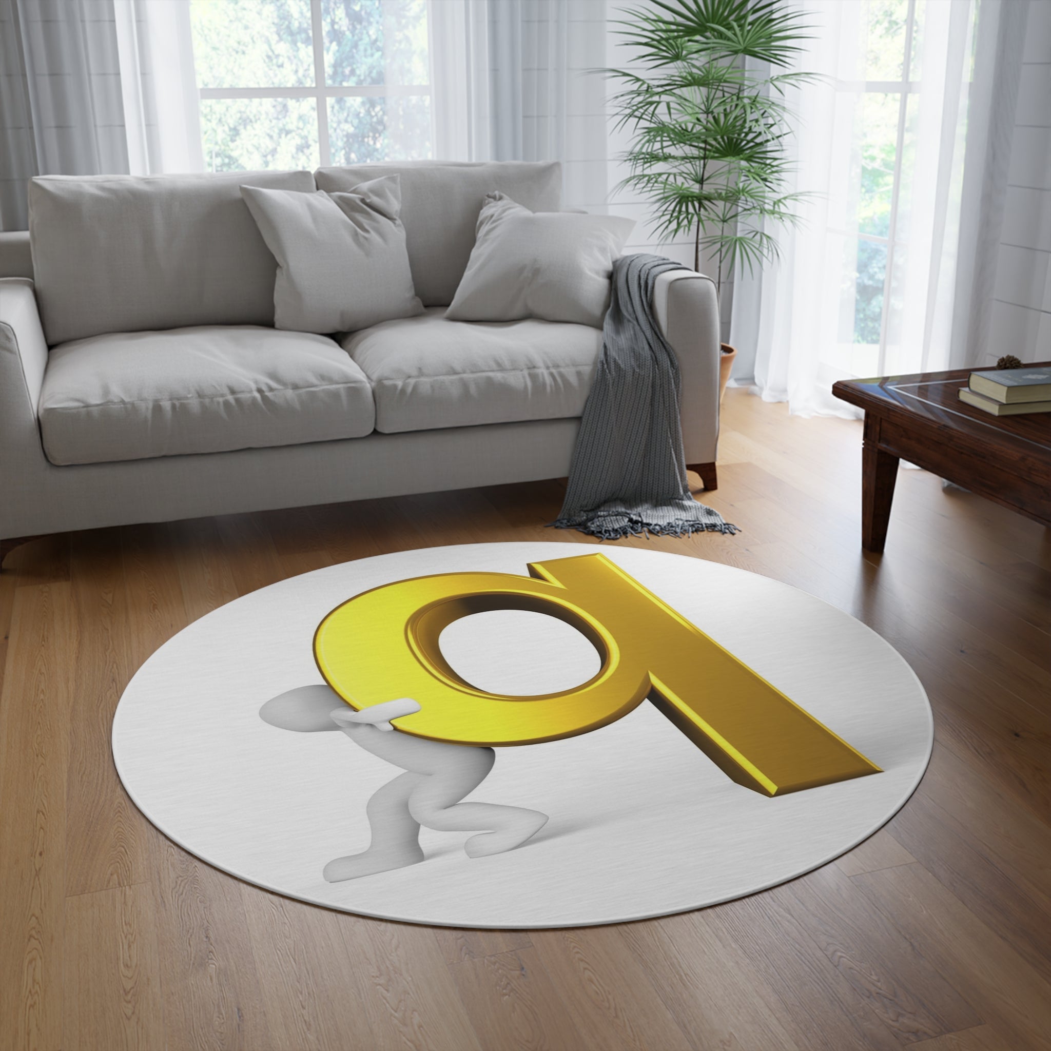 3D Gold Letter Q with Figure Round Rug | Alphabet Monogram Floor Mat