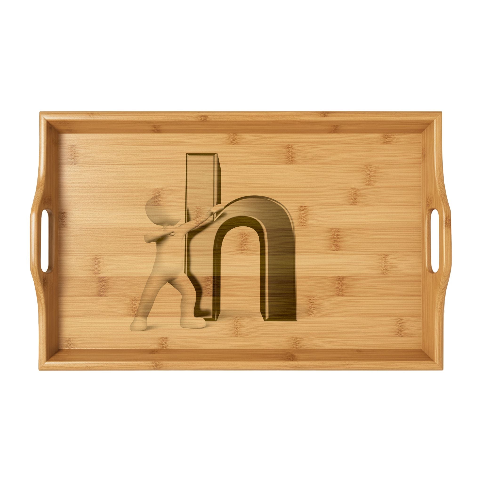 Person Pushing Letter N wood engraving Tray | Bamboo Serving Tray