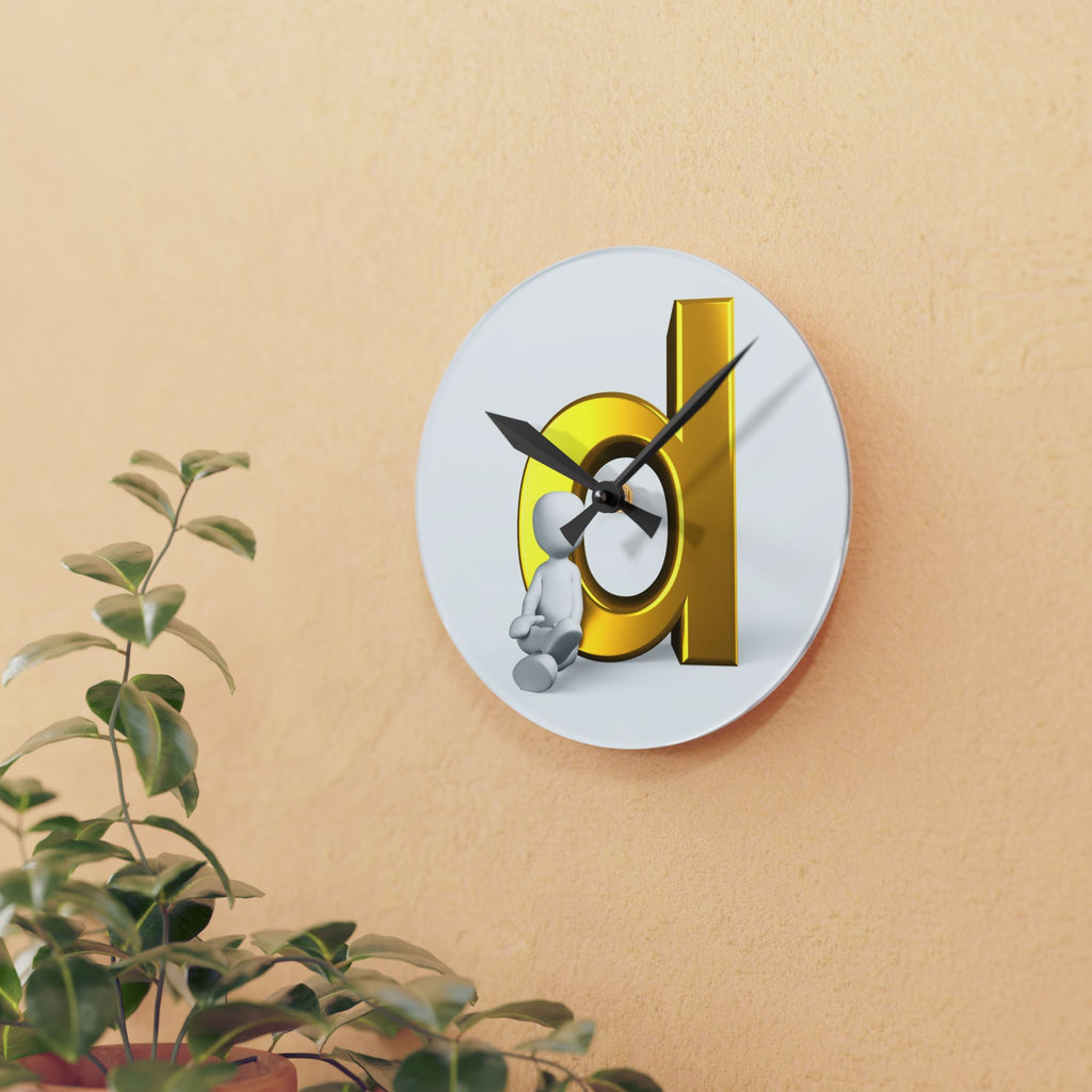 3D Gold Letter d with Sitting Figure Acrylic Wall Clock | Modern Alphabet Decor