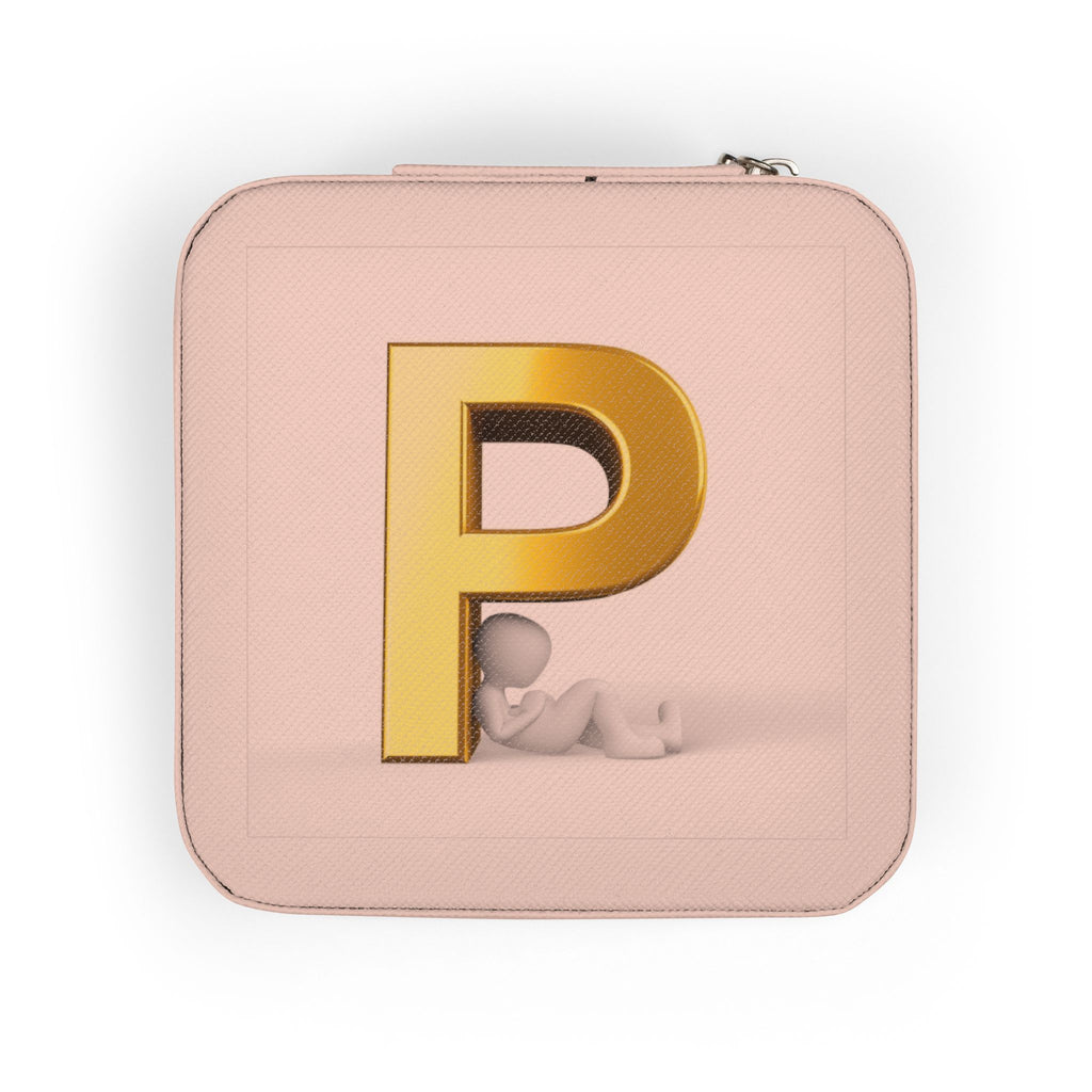 Gold Letter P Monogram Jewelry Travel Case | Compact Pink Square Organizer