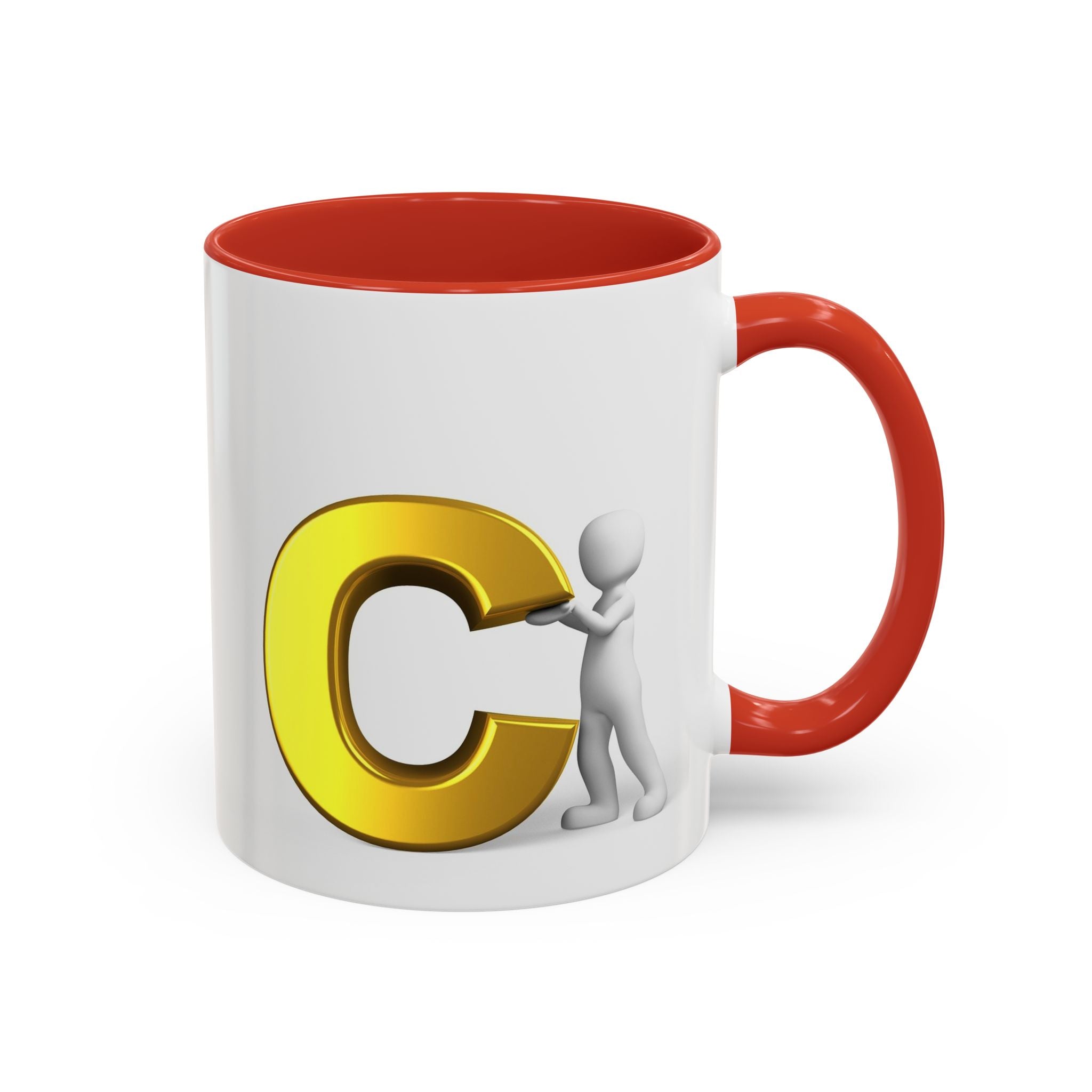 3D Stick Figure Holding Gold Letter C Accent Coffee Mug | Initial Monogram Mug