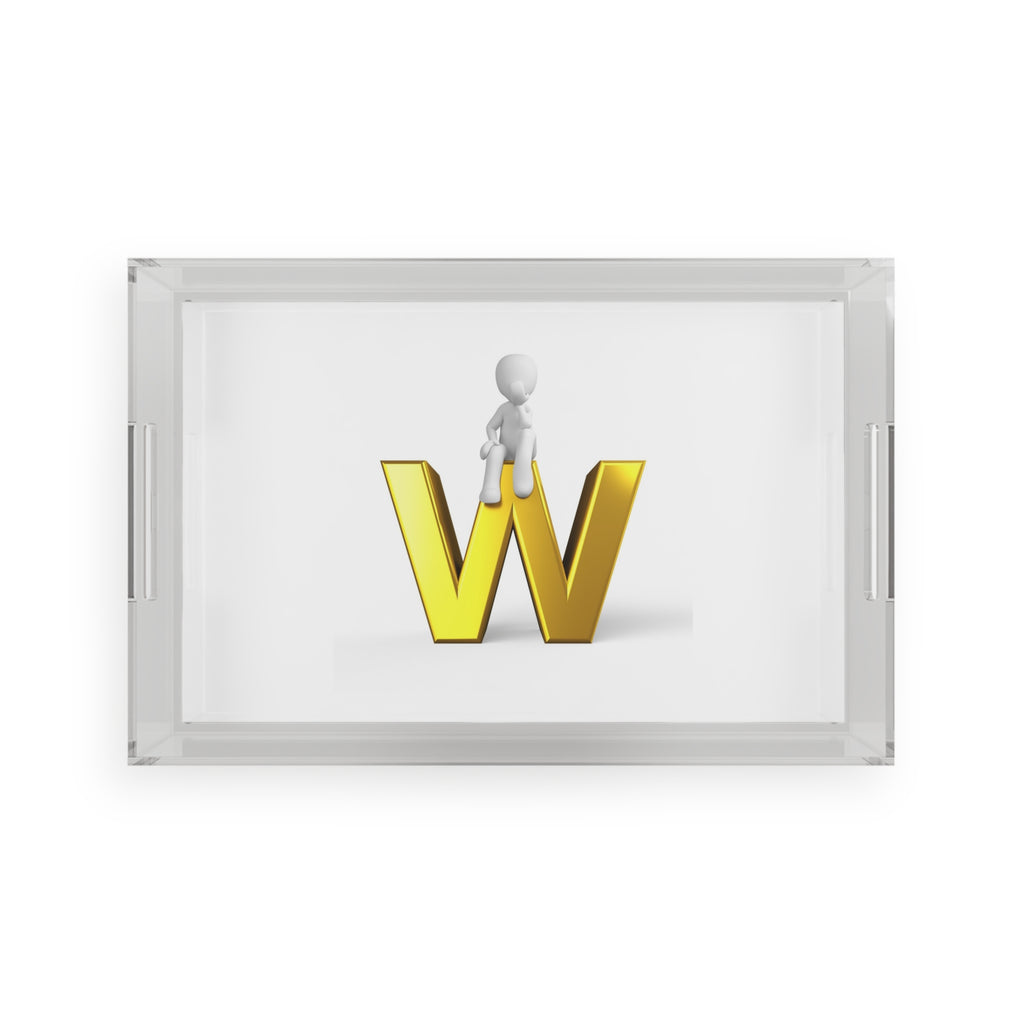 3D Stick Figure on Gold Letter W Acrylic Serving Tray | Monogram Initial Decor