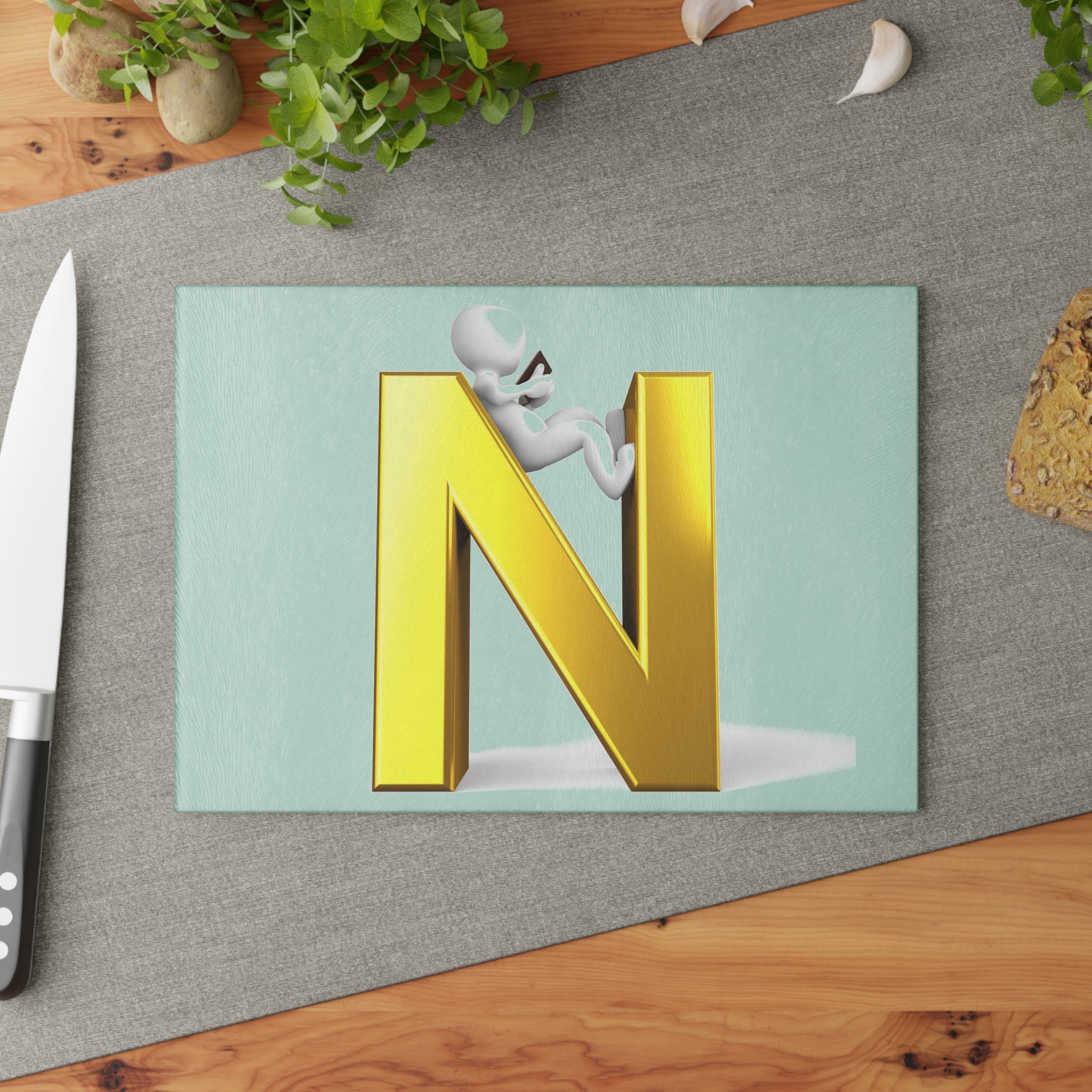 Gold Letter N with 3D Figure Glass Cutting Board | Monogram Kitchen Decor