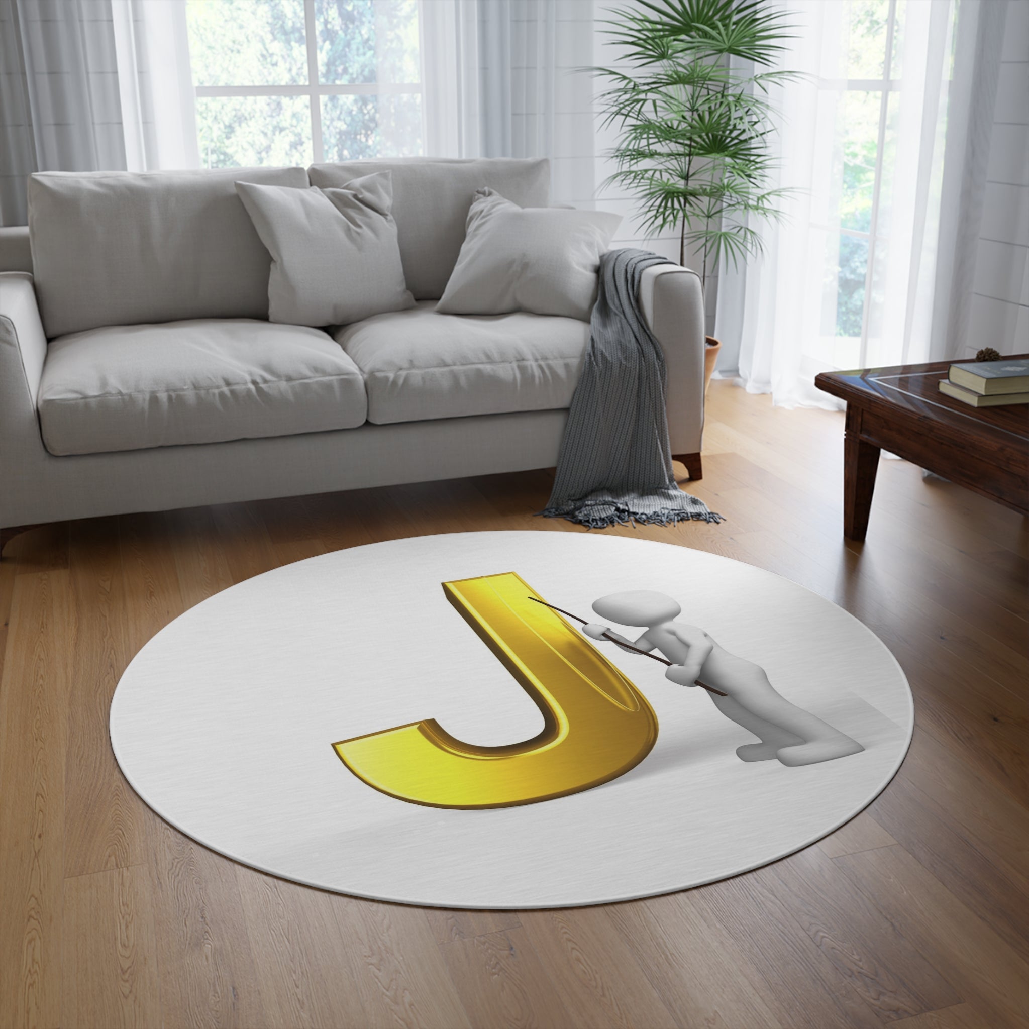 Gold Letter J with Figure Round Rug | Initial Monogram Home Decor