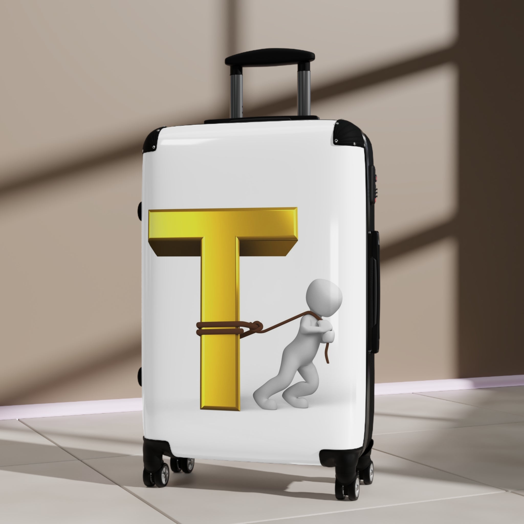 3D Gold Letter T with Figure Suitcase | Personalized Monogram Luggage
