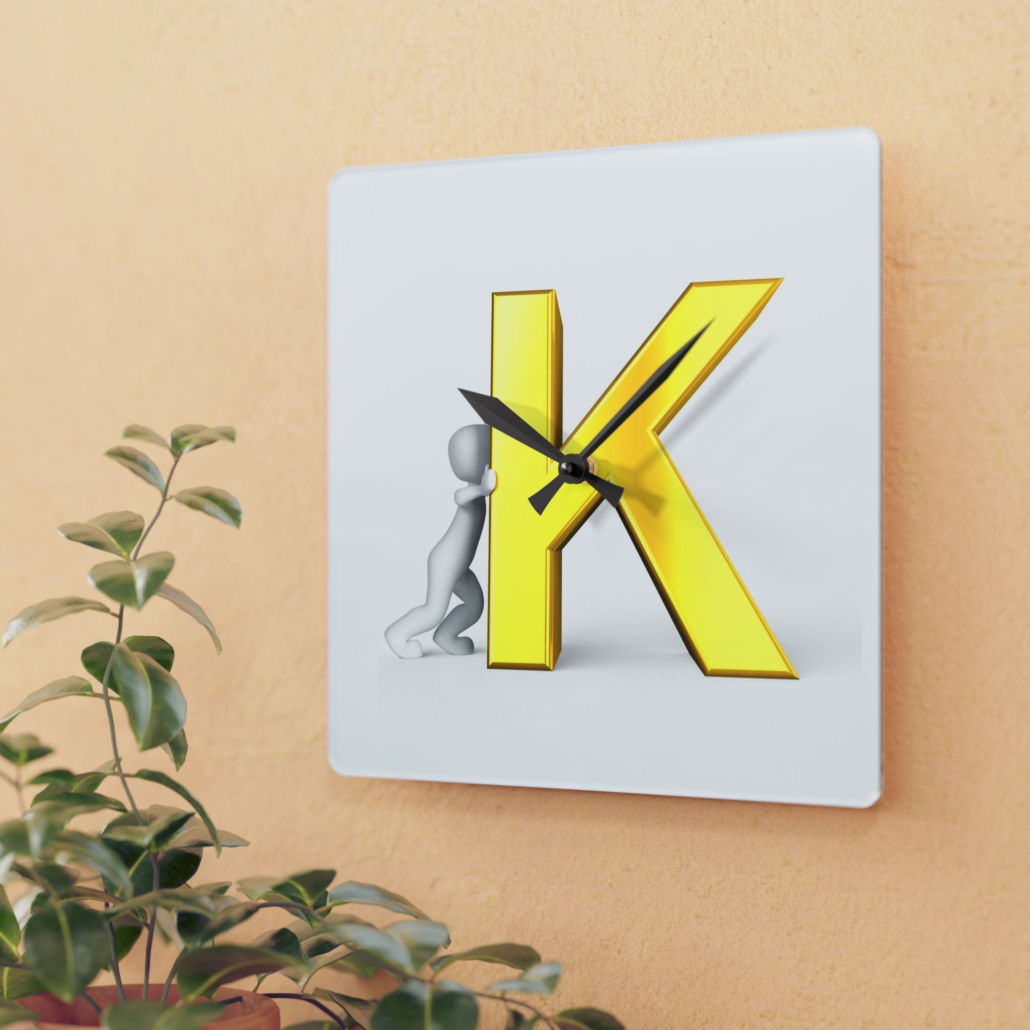 3D Yellow Letter K with Figure Acrylic Wall Clock | Alphabet Initial Decor
