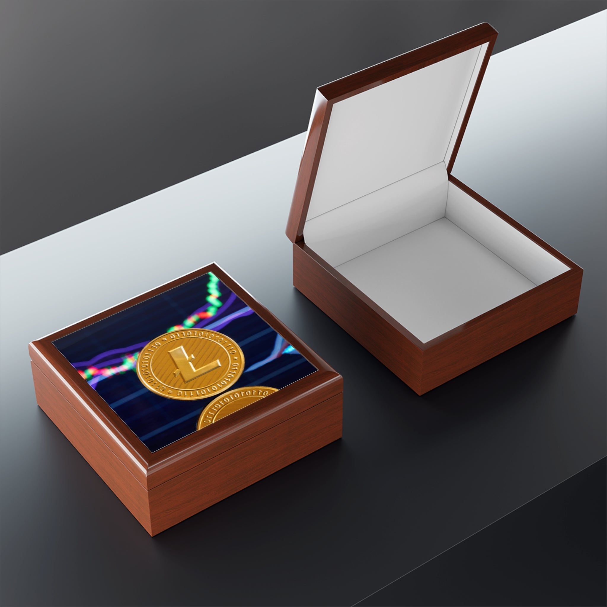 Litecoin Coin Graphic Jewelry Box | Crypto Coin Design, Trading Chart